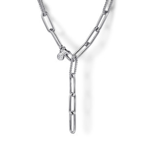 Gabriel & Co. NK7111-20SVJJJ sterling silver Bujukan necklace, clasp view showing a round tag with a maker's mark and a drop of links