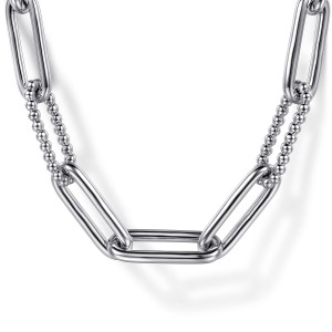 Gabriel & Co. NK7111SVJJJ sterling silver Bujukan necklace, front view of open paperclip links joined by double rows of metal beads