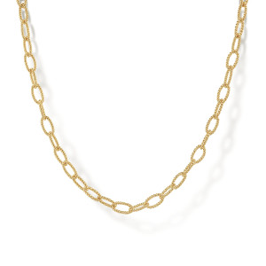 Gabriel & Co. NK7129-17Y4JJJ 14 karat yellow gold Contemporary necklace, front view of the twisted rope textured oval links in a loose curve