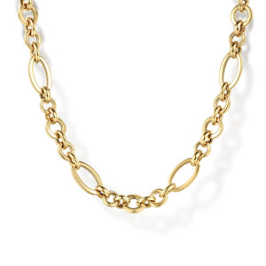 Gabriel & Co. NK7144-17Y4JJJ 14 karat yellow gold Contemporary necklace, front view of the elongated open ovals between clusters of rounder links