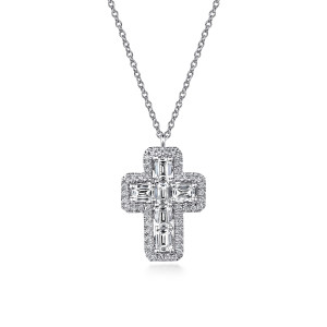 Gabriel & Co. NK7194W45JJ 14 karat white gold Lusso necklace, front view of the cross of rectangular stones inside its pave border