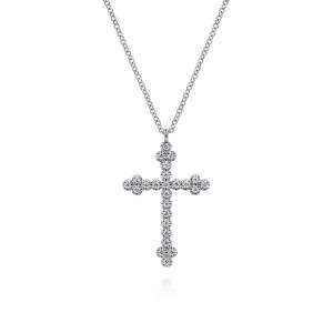 Gabriel & Co. NK7197W45JJ 14 karat white gold Lusso necklace, front view of the diamond cross with a line of stones and clustered arm ends