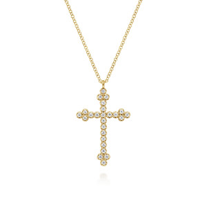 Gabriel & Co. NK7197Y45JJ 14 karat yellow gold Lusso necklace, front view of the diamond cross with clover clusters at each arm end