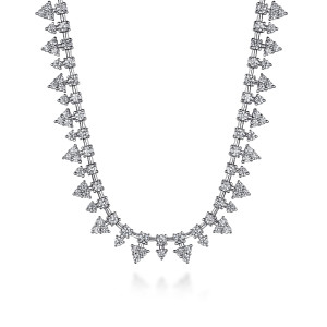Gabriel & Co. NK7204W45JJ 14 karat white gold Lusso necklace, front view of triangular diamond trios alternating with single drops along polished bar links