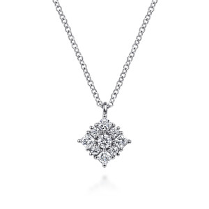 Gabriel & Co. NK7208W45JJ 14 karat white gold Lusso necklace, front view of the tilted cluster with a round stone at the middle and square cut points