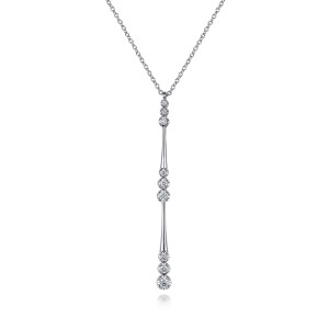 Gabriel & Co. NK7209W45JJ 14 karat white gold Contemporary necklace, front view of the vertical drop with graduated diamond groups and tapered rods