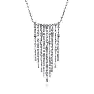 Gabriel & Co. NK7227W84JJ 18 karat white gold Kaslique necklace, front view of the graduated diamond strands falling from the bar in a V