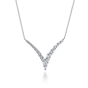 Gabriel & Co. NK7232W84JJ 18 karat white gold Lusso necklace, front view of the V with round diamonds on one arm and marquise on the other