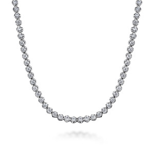 Gabriel & Co. NK7236W45JJ 14 karat white gold Lusso necklace, close detail of the touching round stones in their rounded mounts, largest at the center