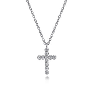 Gabriel & Co. NK7239W45JJ 14 karat white gold Lusso necklace, front view of the upright cross made of round diamonds in rimmed settings and a loop bail