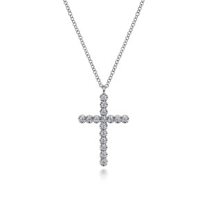 Gabriel & Co. NK7240W45JJ 14 karat white gold Lusso necklace, front view of the cross, its single lines of round diamonds and the small loop at the top