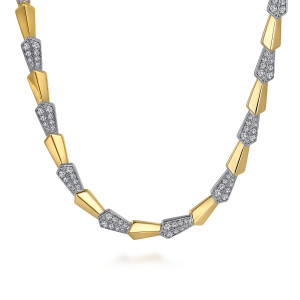 Gabriel & Co. NK7242M45JJ 14 karat white and yellow gold Contemporary necklace, front view of the tapering plain segments alternating with pave diamond fields