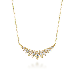 Gabriel & Co. NK7250Y45JJ 14 karat yellow gold Lusso necklace, front view of the curved bar of pointed leaf segments with tapered end caps