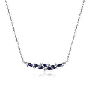 Gabriel & Co. NK7252W45SA 14 karat white gold Color necklace, front view of tilted blue marquise stones and round diamonds in staggered rows