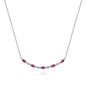 Gabriel & Co. NK7253W45RA 14 karat white gold Color necklace, front view of a curved bar alternating pink red marquise and tiny round stones