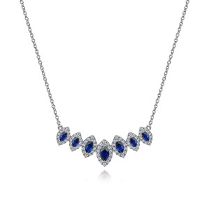 Gabriel & Co. NK7256W45SA 14 karat white gold Color necklace, front view of the graduated blue marquise stones, each inside its halo of colorless stones