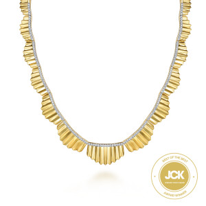 Gabriel & Co. NK7259Y45JJ 14 karat yellow gold Contemporary necklace, front view of the largest fluted fan and the line of diamonds along the top edge