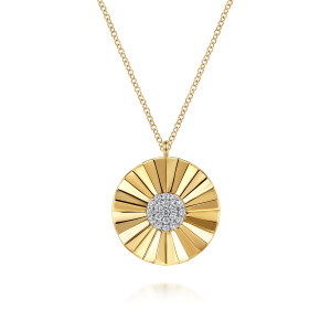 Gabriel & Co. NK7260M45JJ 14 karat white and yellow gold Contemporary necklace, front view of the fluted sunburst disc and its round diamond cluster at the middle