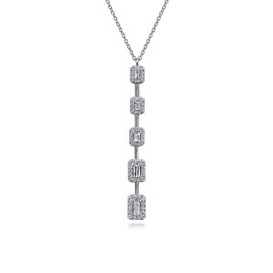 Gabriel & Co. NK7267W84JJ 18 karat white gold Lusso necklace, front view of the graduated rectangular halo drop with narrow stones and pave rings