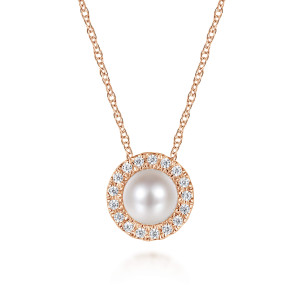 Gabriel & Co. NK7268K45PL 14 karat rose gold Color necklace, front view of the round pearl, its ring of diamonds and the chain meeting the halo