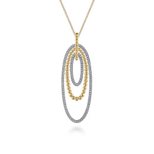 Gabriel & Co. NK7279M45JJ 14 karat white and yellow gold Bujukan necklace, front view of the three nested ovals, the beaded middle oval and the beaded bail