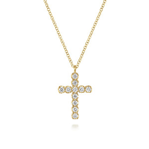 Gabriel & Co. NK7298Y45JJ 14 karat yellow gold Lusso necklace, front view of the cross with round stones in separate rounded mounts, hanging from a bail