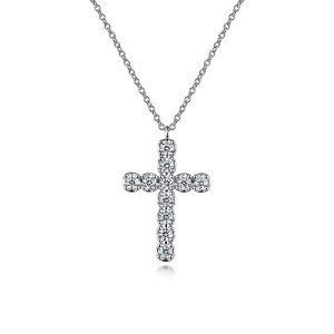 Gabriel & Co. NK7300W45JJ 14 karat white gold Lusso necklace, front view of the cross of round prong set stones with its loop bail on a link chain