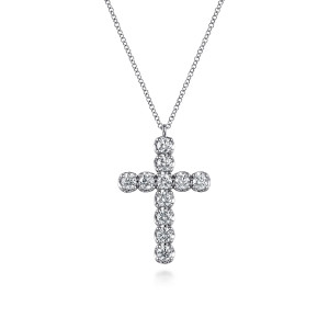 Gabriel & Co. NK7301W45JJ 14 karat white gold Lusso necklace, front view of the cross with its single line of round stones in cups
