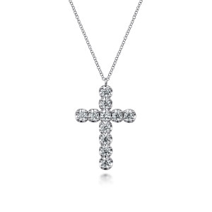 Gabriel & Co. NK7302W45JJ 14 karat white gold Lusso necklace, front view of a cross of round faceted stones each held in a scalloped rim