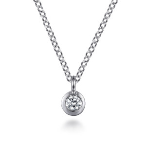 Gabriel & Co. NK7328W45JJ 14 karat white gold Contemporary necklace, front view of the round bezel set diamond in its rounded polished rim on a loop bail