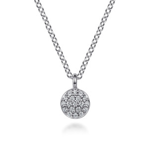 Gabriel & Co. NK7329W45JJ 14 karat white gold Lusso necklace, front view of the paved round disc with its plain polished rim and rounded bail
