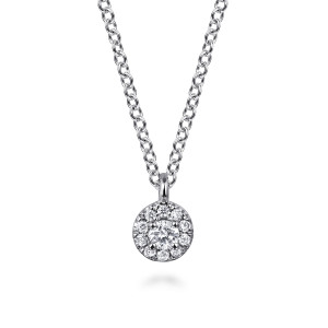 Gabriel & Co. NK7330W45JJ 14 karat white gold Lusso necklace, front view of the round halo and its bail, with open oval links of the chain above