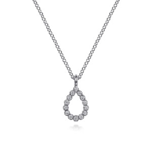 Gabriel & Co. NK7331W45JJ 14 karat white gold Lusso necklace, front view of the open teardrop outline of stones and its smooth loop bail
