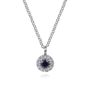 Gabriel & Co. NK7334W45SA 14 karat white gold Color necklace, front view of the blue prong set stone inside its ring of diamonds