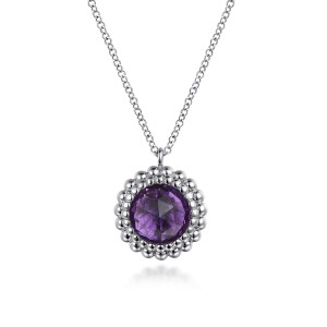 Gabriel & Co. NK7352SVJAM sterling silver Bujukan necklace, front view of a round purple stone ringed by polished beads with a loop at the top