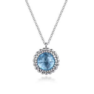 Gabriel & Co. NK7352SVJBT sterling silver Bujukan necklace, front view of the round blue stone, its double ring of metal beads and top loop