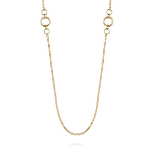 Gabriel & Co. NK7354-32Y4JJJ 14 karat yellow gold Contemporary necklace, close detail of the two ring clusters, each a thick ring between two smaller rings