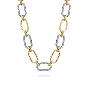 Gabriel & Co. NK7367-18M45JJ 14 karat white and yellow gold Contemporary necklace, front view of wide oval links, the diamond outlined links between plain polished ones