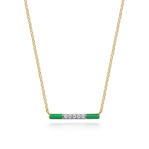 Gabriel & Co. NK7375E4Y45JJ 14 karat yellow gold Lusso necklace, front view of the straight bar, its green enamel ends and the stone row between them