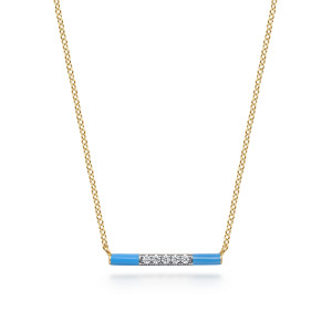Gabriel & Co. NK7375E5Y45JJ 14 karat yellow gold Lusso necklace, front view of the straight bar, blue enamel ends and the line of diamonds between