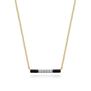 Gabriel & Co. NK7375E8Y45JJ 14 karat yellow gold Lusso necklace, front view of the straight bar with black enamel ends and a row of diamonds between them