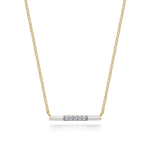 Gabriel & Co. NK7375E9Y45JJ 14 karat yellow gold Lusso necklace, front view of the bar with glossy enamel ends around the row of round stones