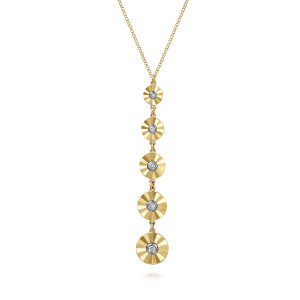 Gabriel & Co. NK7395M45JJ 14 karat white and yellow gold Contemporary necklace, front view of the linked discs, each fluted around a bezel set diamond