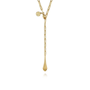 Gabriel & Co. NK7397-24Y4JJJ 14 karat yellow gold Contemporary necklace, close detail of the faceted tapered drop and the small round tag at the closure