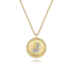 Gabriel & Co. NK7418J-Y45JJ 14 karat yellow gold Bujukan necklace, front view of the brushed disc, its metal bead rim and the pave letter J