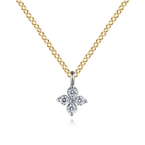 Gabriel & Co. NK7429M45JJ 14 karat white and yellow gold Lusso necklace, front view of the four stone cross shaped cluster hanging from its upright bail on oval links