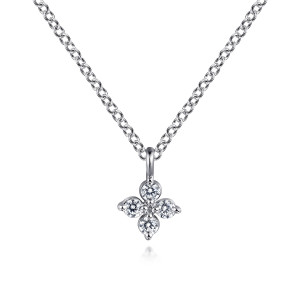 Gabriel & Co. NK7429W45JJ 14 karat white gold Lusso necklace, front view of the four stone clover cluster with its plain polished tube bail