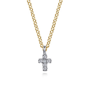 Gabriel & Co. NK7437M45JJ 14 karat white and yellow gold Lusso necklace, front view of the upright cross with prong set stones on its arms and stem