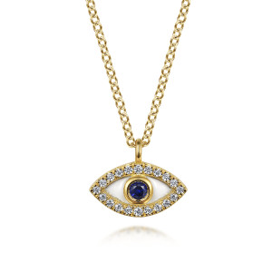 Gabriel & Co. NK7438E9Y45SA 14 karat yellow gold Color necklace, front view of the almond frame with white enamel, a blue bezel stone and a rim of diamonds