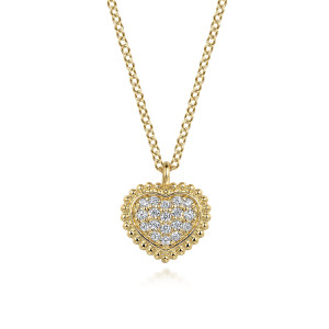 Gabriel & Co. NK7440Y45JJ 14 karat yellow gold Bujukan necklace, front view of the fully paved heart within its border of metal beads on a loop bail